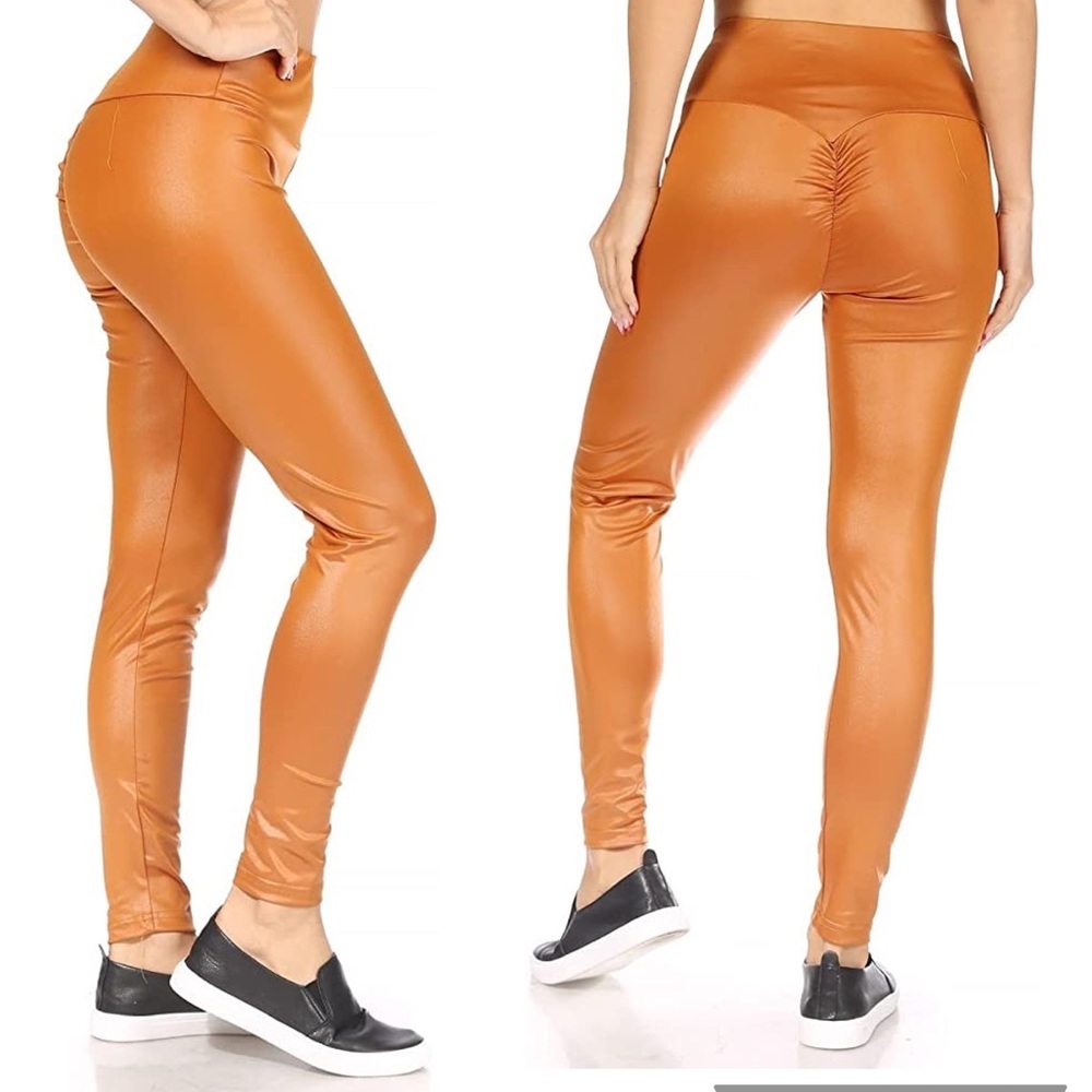 Tan Leggings Shiny Camel Colored Butt Enhancing Tights Yoga Lounge Pants Baddie